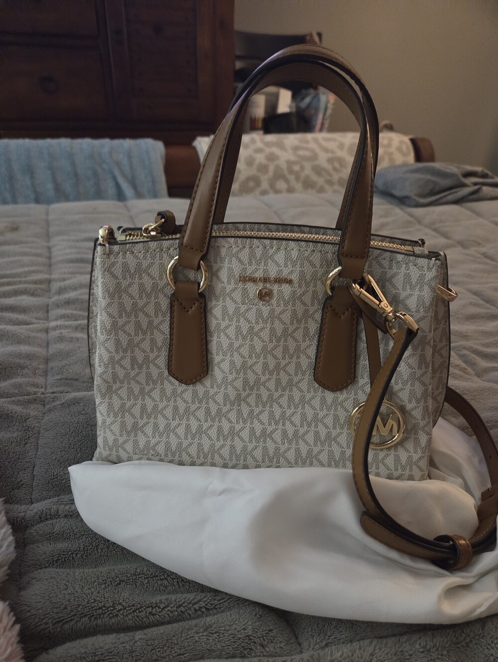 Michael Kors Monogram Satchel in Vanilla with Acorn Trim